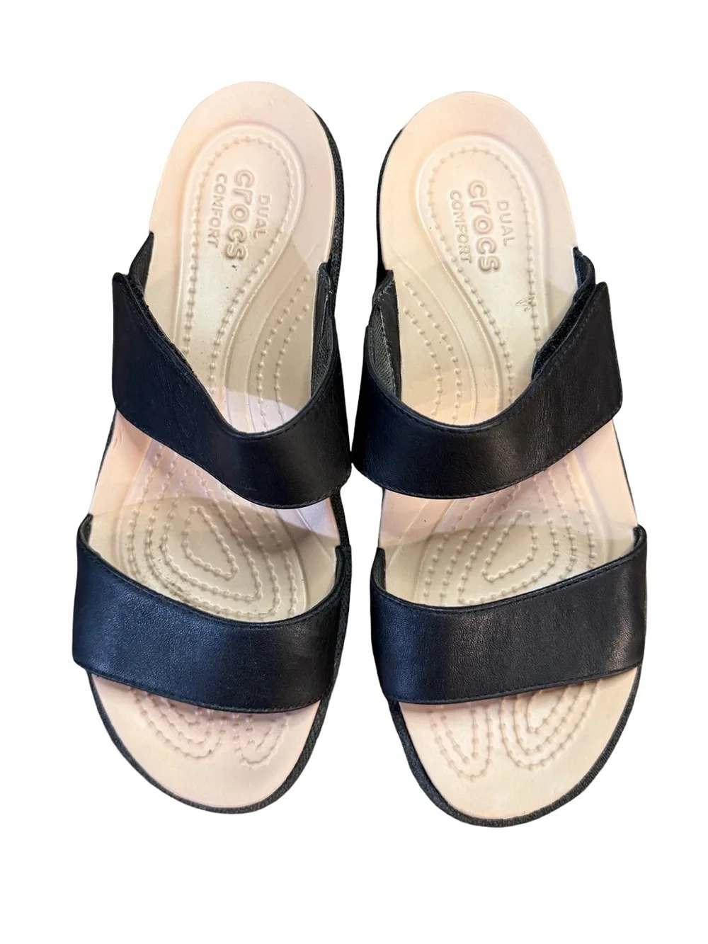 Crocs Leigh 2 Dual Comfort Two-Strap Wedge Sandals Black/Tan Women’s Size 7